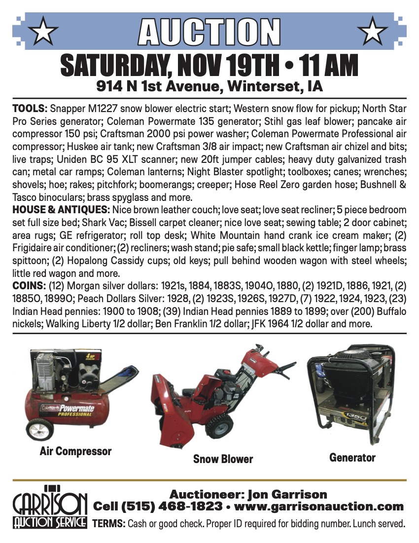Garrison Auction Service Auctions & Estate Sales Winterset, Iowa